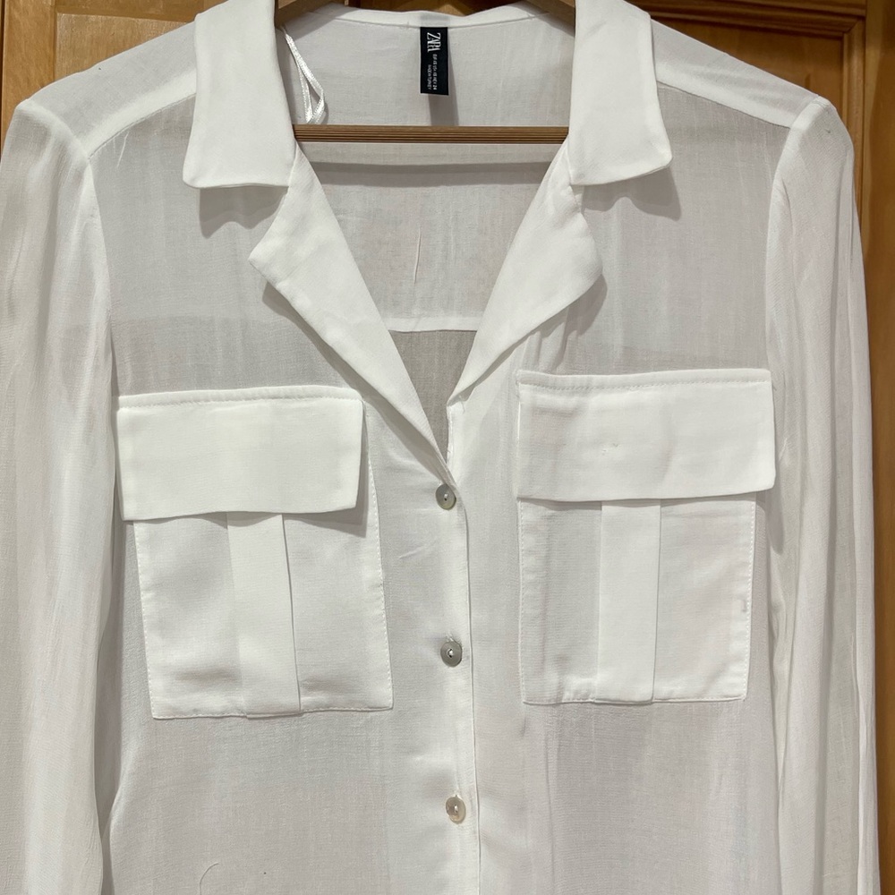 Zara White Sheer Button-Down Shirt